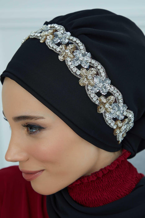 Instant Turban Chiffon Scarf Head Turbans with Unique Accessory For Women Headwear Stylish Elegant Design,HT-101 Black-Silver