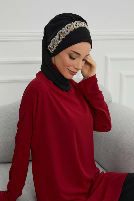 Instant Turban Chiffon Scarf Head Turbans with Unique Accessory For Women Headwear Stylish Elegant Design,HT-101 Black-Silver