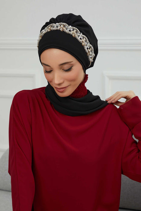Instant Turban Chiffon Scarf Head Turbans with Unique Accessory For Women Headwear Stylish Elegant Design,HT-101 Black-Silver