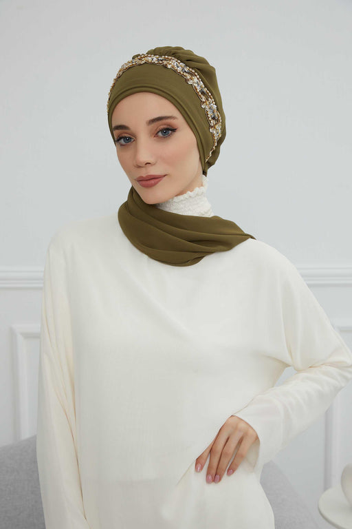 Instant Turban Chiffon Scarf Head Turbans with Unique Accessory For Women Headwear Stylish Elegant Design,HT-101 Army Green-Gold