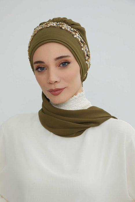 Instant Turban Chiffon Scarf Head Turbans with Unique Accessory For Women Headwear Stylish Elegant Design,HT-101 Army Green-Gold