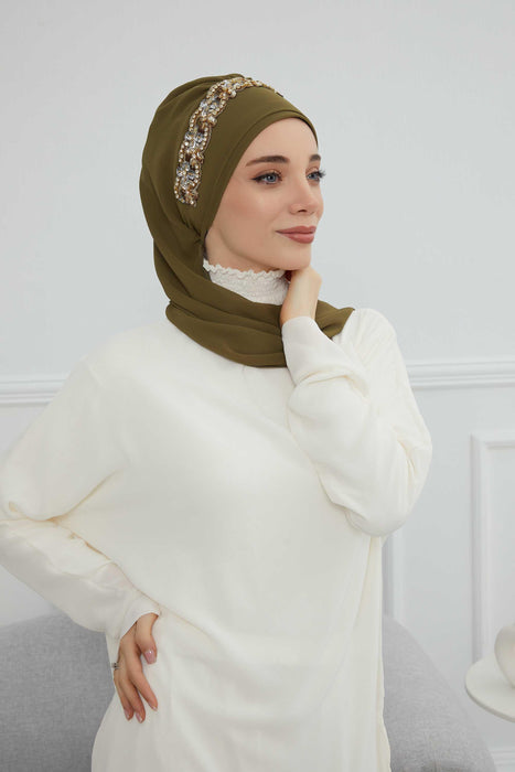 Instant Turban Chiffon Scarf Head Turbans with Unique Accessory For Women Headwear Stylish Elegant Design,HT-101 Army Green-Gold