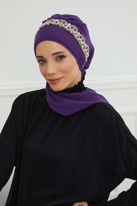 Instant Turban Chiffon Scarf Head Turbans with Unique Accessory For Women Headwear Stylish Elegant Design,HT-101 Purple-Silver