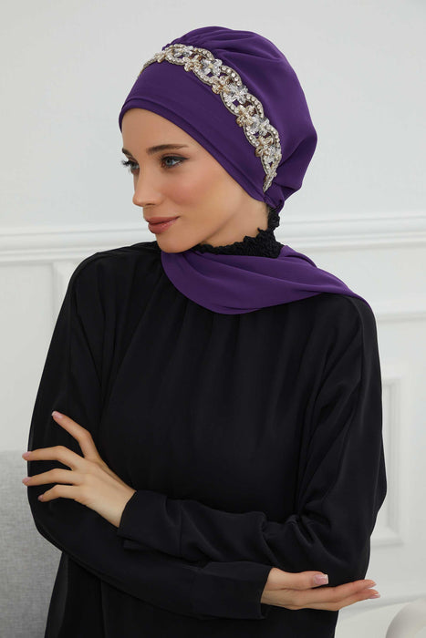 Instant Turban Chiffon Scarf Head Turbans with Unique Accessory For Women Headwear Stylish Elegant Design,HT-101 Purple-Silver