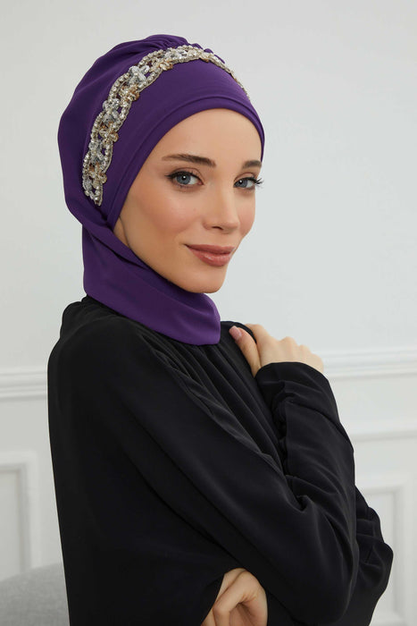 Instant Turban Chiffon Scarf Head Turbans with Unique Accessory For Women Headwear Stylish Elegant Design,HT-101 Purple-Silver
