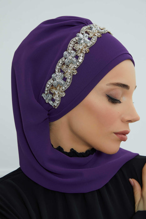 Instant Turban Chiffon Scarf Head Turbans with Unique Accessory For Women Headwear Stylish Elegant Design,HT-101 Purple-Silver