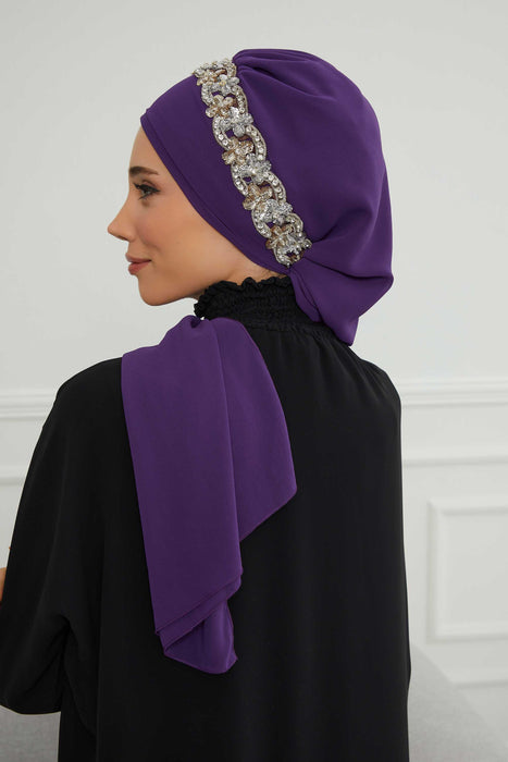 Instant Turban Chiffon Scarf Head Turbans with Unique Accessory For Women Headwear Stylish Elegant Design,HT-101 Purple-Silver