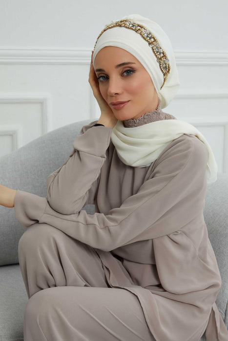 Instant Turban Chiffon Scarf Head Turbans with Unique Accessory For Women Headwear Stylish Elegant Design,HT-101 Ivory-Gold