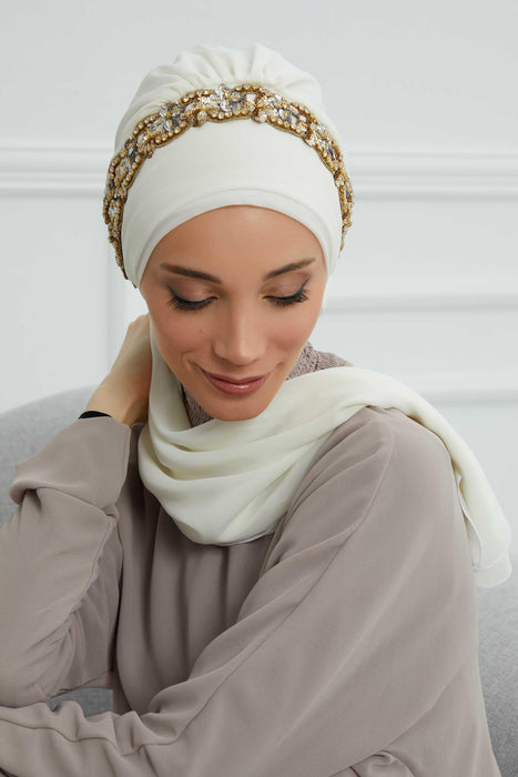 Instant Turban Chiffon Scarf Head Turbans with Unique Accessory For Women Headwear Stylish Elegant Design,HT-101 Ivory-Gold