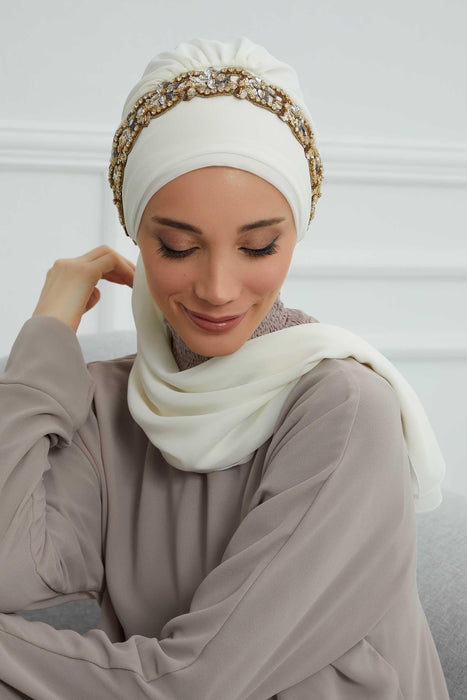 Instant Turban Chiffon Scarf Head Turbans with Unique Accessory For Women Headwear Stylish Elegant Design,HT-101 Ivory-Gold