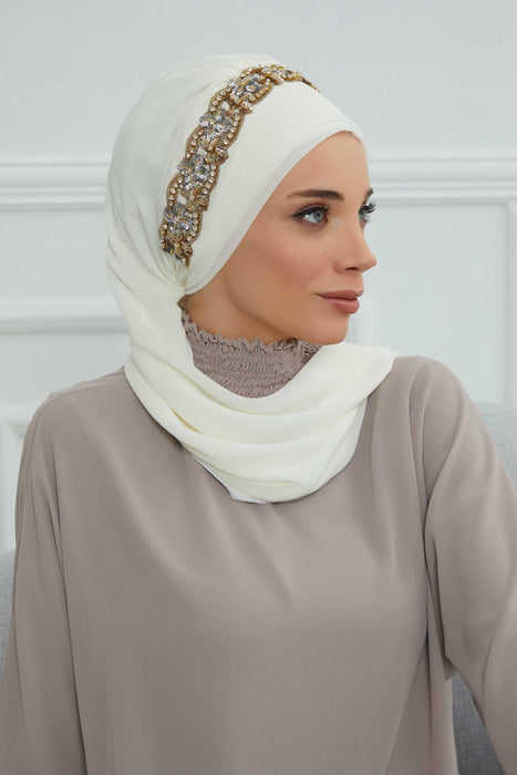 Instant Turban Chiffon Scarf Head Turbans with Unique Accessory For Women Headwear Stylish Elegant Design,HT-101 Ivory-Gold