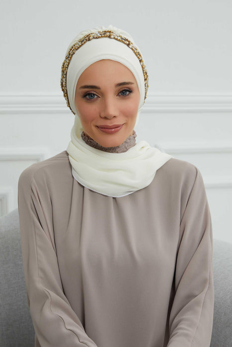 Instant Turban Chiffon Scarf Head Turbans with Unique Accessory For Women Headwear Stylish Elegant Design,HT-101 Ivory-Gold
