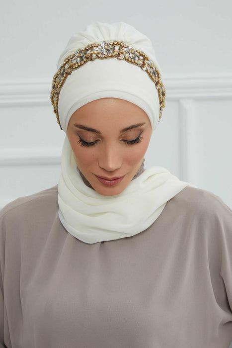 Instant Turban Chiffon Scarf Head Turbans with Unique Accessory For Women Headwear Stylish Elegant Design,HT-101 Ivory-Gold