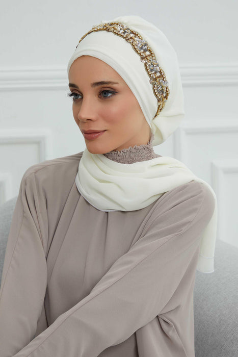 Instant Turban Chiffon Scarf Head Turbans with Unique Accessory For Women Headwear Stylish Elegant Design,HT-101 Ivory-Gold