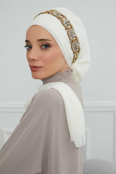 Instant Turban Chiffon Scarf Head Turbans with Unique Accessory For Women Headwear Stylish Elegant Design,HT-101 Ivory-Gold
