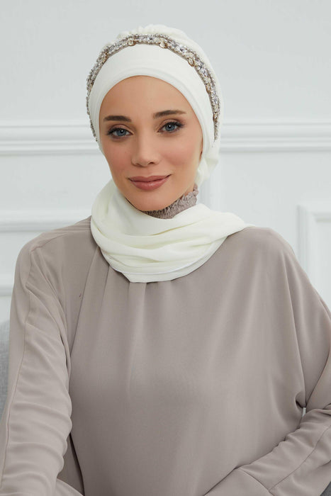 Instant Turban Chiffon Scarf Head Turbans with Unique Accessory For Women Headwear Stylish Elegant Design,HT-101 Ivory-Silver