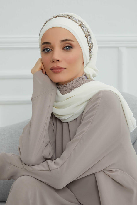 Instant Turban Chiffon Scarf Head Turbans with Unique Accessory For Women Headwear Stylish Elegant Design,HT-101 Ivory-Silver