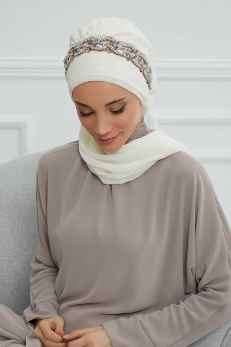 Instant Turban Chiffon Scarf Head Turbans with Unique Accessory For Women Headwear Stylish Elegant Design,HT-101 Ivory-Silver