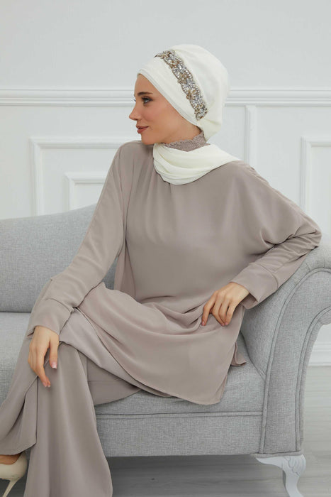 Instant Turban Chiffon Scarf Head Turbans with Unique Accessory For Women Headwear Stylish Elegant Design,HT-101 Ivory-Silver