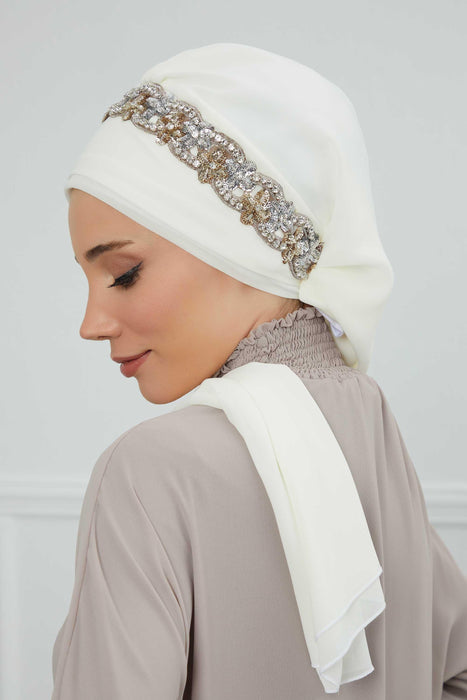 Instant Turban Chiffon Scarf Head Turbans with Unique Accessory For Women Headwear Stylish Elegant Design,HT-101 Ivory-Silver