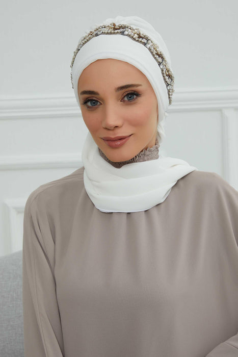 Instant Turban Chiffon Scarf Head Turbans with Unique Accessory For Women Headwear Stylish Elegant Design,HT-101 Off White-Silver