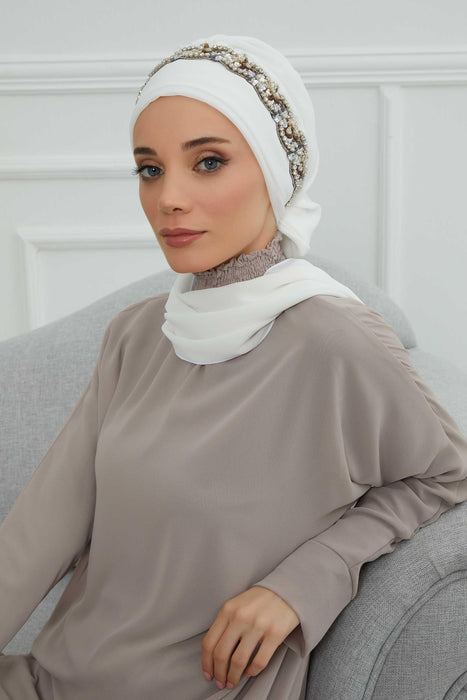 Instant Turban Chiffon Scarf Head Turbans with Unique Accessory For Women Headwear Stylish Elegant Design,HT-101 Off White-Silver