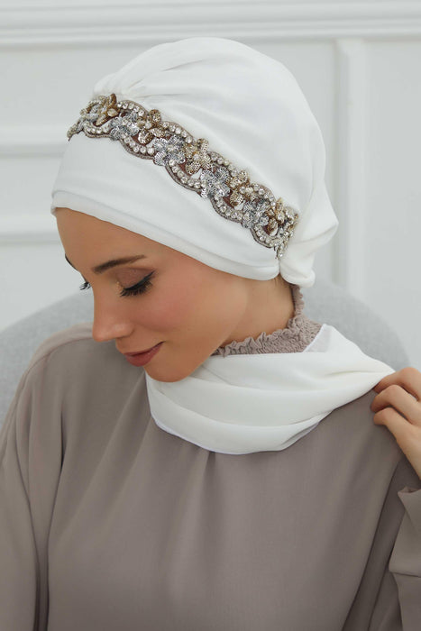 Instant Turban Chiffon Scarf Head Turbans with Unique Accessory For Women Headwear Stylish Elegant Design,HT-101 Off White-Silver
