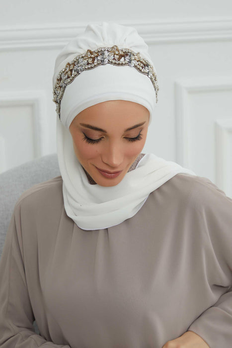 Instant Turban Chiffon Scarf Head Turbans with Unique Accessory For Women Headwear Stylish Elegant Design,HT-101 Off White-Silver