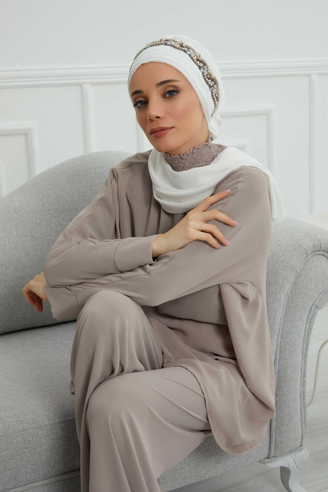 Instant Turban Chiffon Scarf Head Turbans with Unique Accessory For Women Headwear Stylish Elegant Design,HT-101 Off White-Silver