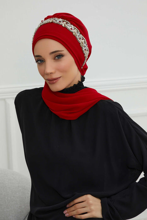 Instant Turban Chiffon Scarf Head Turbans with Unique Accessory For Women Headwear Stylish Elegant Design,HT-101 Red-Silver