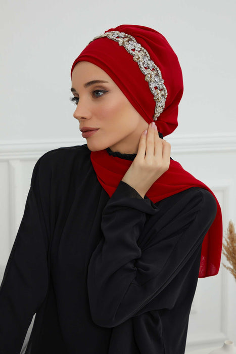 Instant Turban Chiffon Scarf Head Turbans with Unique Accessory For Women Headwear Stylish Elegant Design,HT-101 Red-Silver