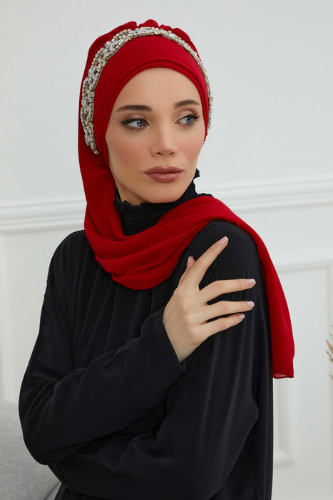 Instant Turban Chiffon Scarf Head Turbans with Unique Accessory For Women Headwear Stylish Elegant Design,HT-101 Red-Silver