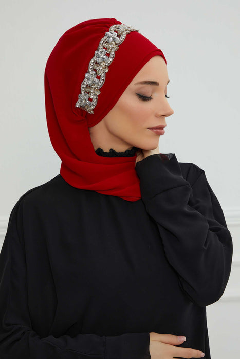 Instant Turban Chiffon Scarf Head Turbans with Unique Accessory For Women Headwear Stylish Elegant Design,HT-101 Red-Silver