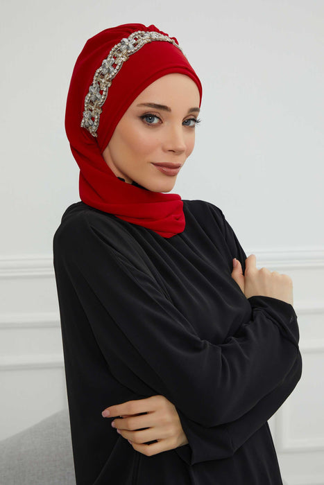 Instant Turban Chiffon Scarf Head Turbans with Unique Accessory For Women Headwear Stylish Elegant Design,HT-101 Red-Silver