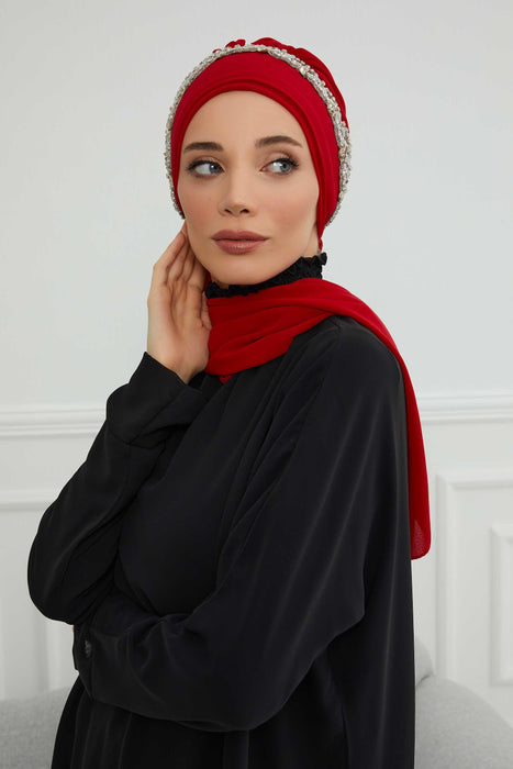 Instant Turban Chiffon Scarf Head Turbans with Unique Accessory For Women Headwear Stylish Elegant Design,HT-101 Red-Silver