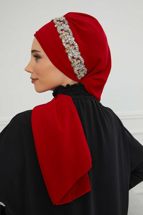 Instant Turban Chiffon Scarf Head Turbans with Unique Accessory For Women Headwear Stylish Elegant Design,HT-101 Red-Silver
