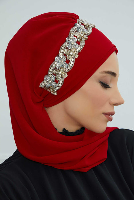 Instant Turban Chiffon Scarf Head Turbans with Unique Accessory For Women Headwear Stylish Elegant Design,HT-101 Red-Silver