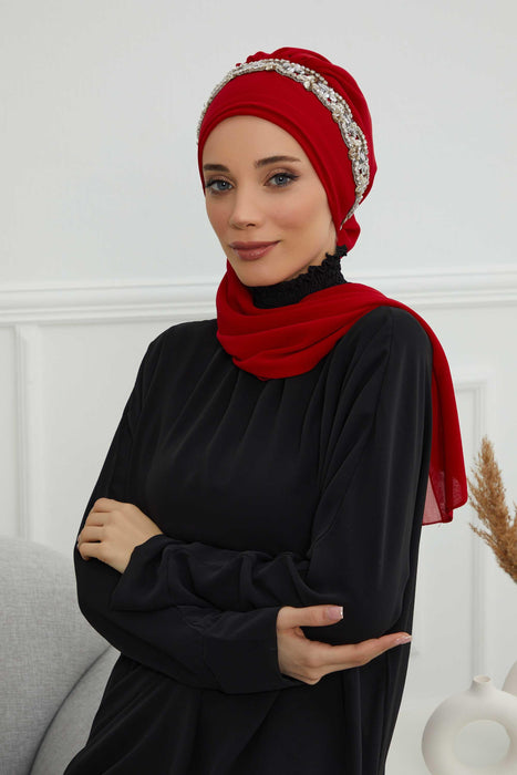 Instant Turban Chiffon Scarf Head Turbans with Unique Accessory For Women Headwear Stylish Elegant Design,HT-101 Red-Silver