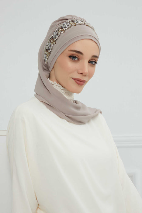 Instant Turban Chiffon Scarf Head Turbans with Unique Accessory For Women Headwear Stylish Elegant Design,HT-101 Mink-Silver