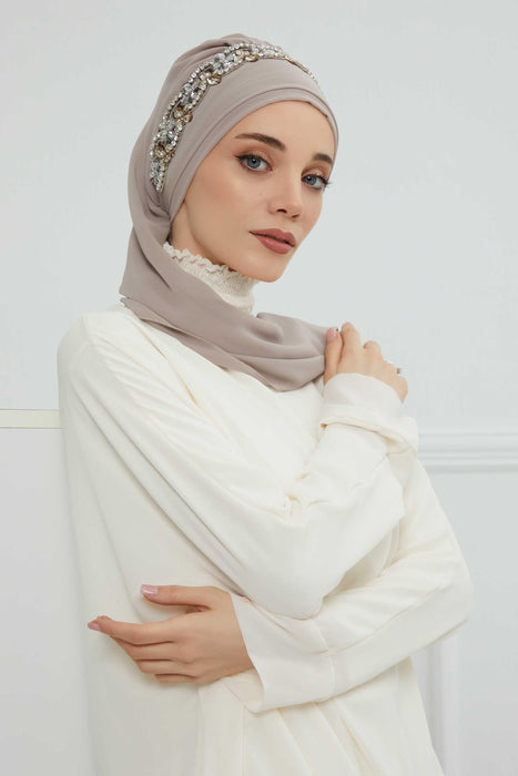 Instant Turban Chiffon Scarf Head Turbans with Unique Accessory For Women Headwear Stylish Elegant Design,HT-101 Mink-Silver