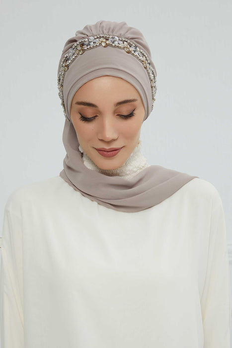 Instant Turban Chiffon Scarf Head Turbans with Unique Accessory For Women Headwear Stylish Elegant Design,HT-101 Mink-Silver