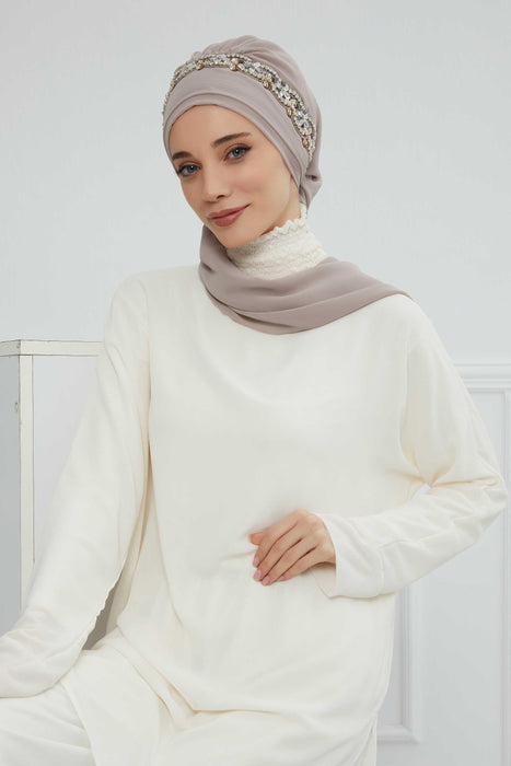 Instant Turban Chiffon Scarf Head Turbans with Unique Accessory For Women Headwear Stylish Elegant Design,HT-101 Mink-Silver