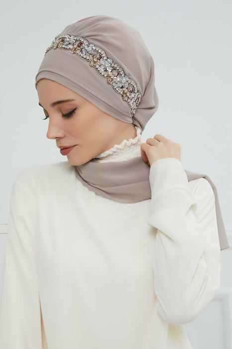 Instant Turban Chiffon Scarf Head Turbans with Unique Accessory For Women Headwear Stylish Elegant Design,HT-101 Mink-Silver