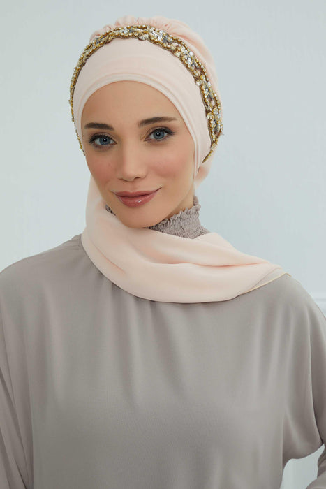 Instant Turban Chiffon Scarf Head Turbans with Unique Accessory For Women Headwear Stylish Elegant Design,HT-101 Beige-Gold