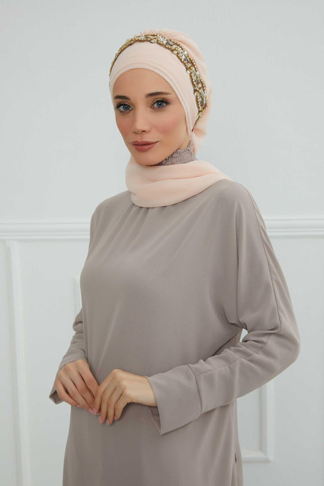 Instant Turban Chiffon Scarf Head Turbans with Unique Accessory For Women Headwear Stylish Elegant Design,HT-101 Beige-Gold