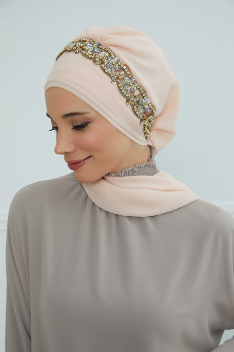 Instant Turban Chiffon Scarf Head Turbans with Unique Accessory For Women Headwear Stylish Elegant Design,HT-101 Beige-Gold