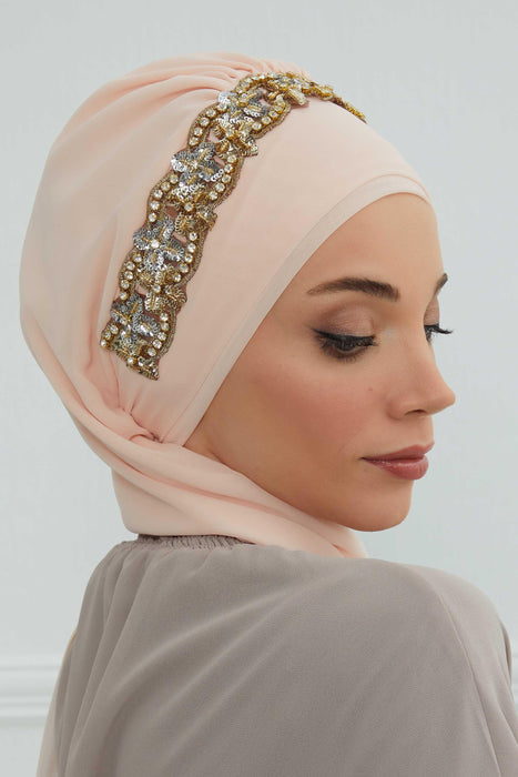 Instant Turban Chiffon Scarf Head Turbans with Unique Accessory For Women Headwear Stylish Elegant Design,HT-101 Beige-Gold