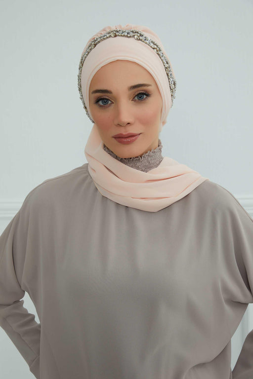 Instant Turban Chiffon Scarf Head Turbans with Unique Accessory For Women Headwear Stylish Elegant Design,HT-101 Beige-Silver