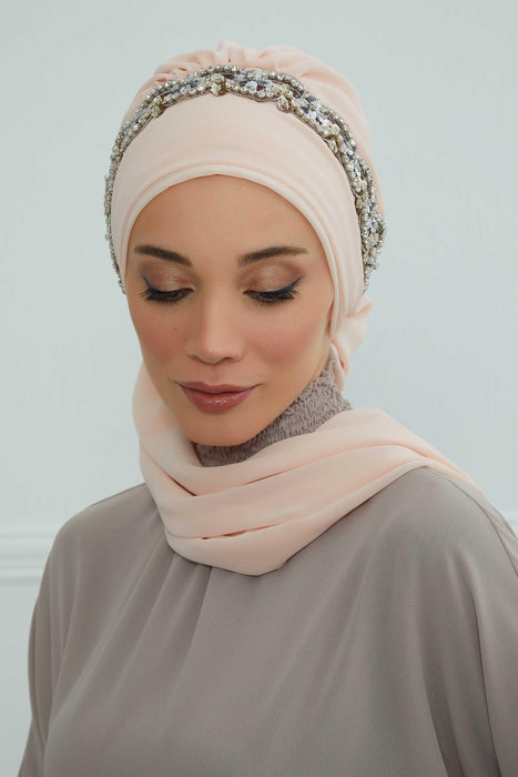 Instant Turban Chiffon Scarf Head Turbans with Unique Accessory For Women Headwear Stylish Elegant Design,HT-101 Beige-Silver