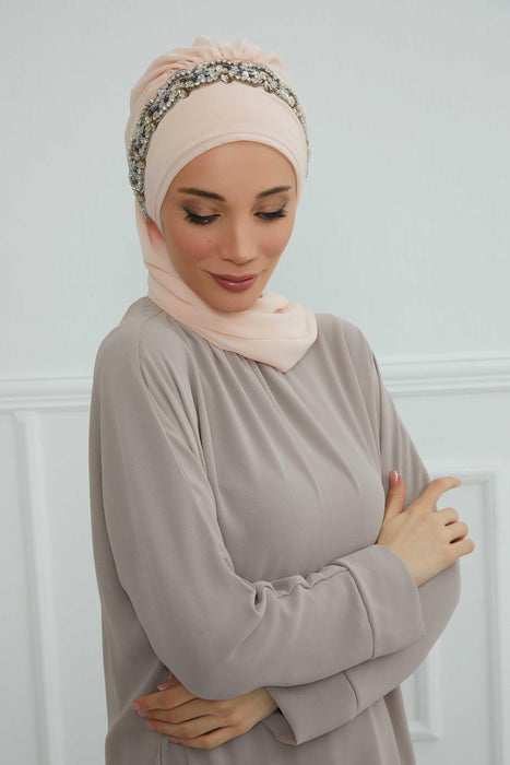 Instant Turban Chiffon Scarf Head Turbans with Unique Accessory For Women Headwear Stylish Elegant Design,HT-101 Beige-Silver